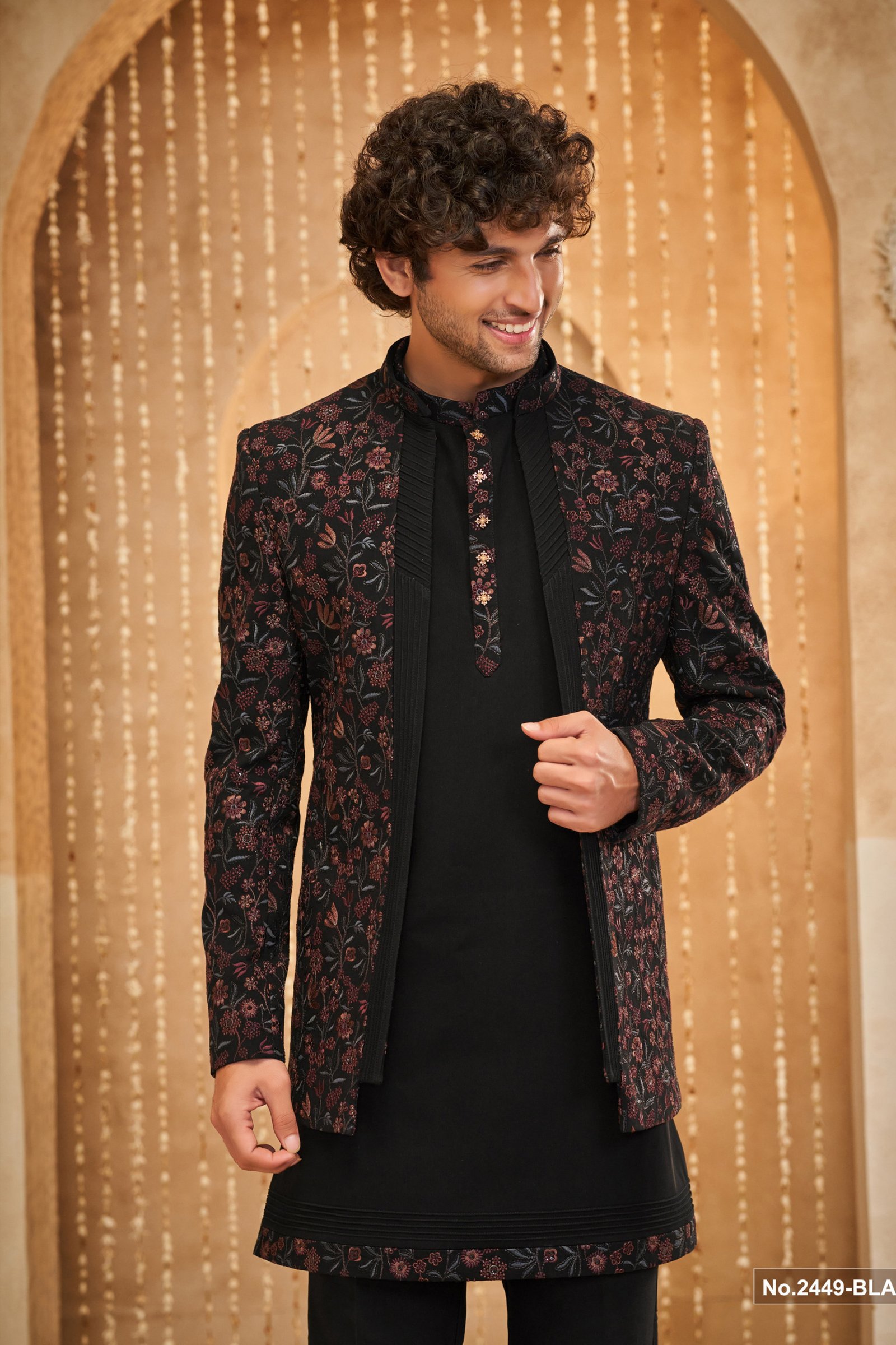Designer Short Pattern Wedding Indowestern With Embroidery Work