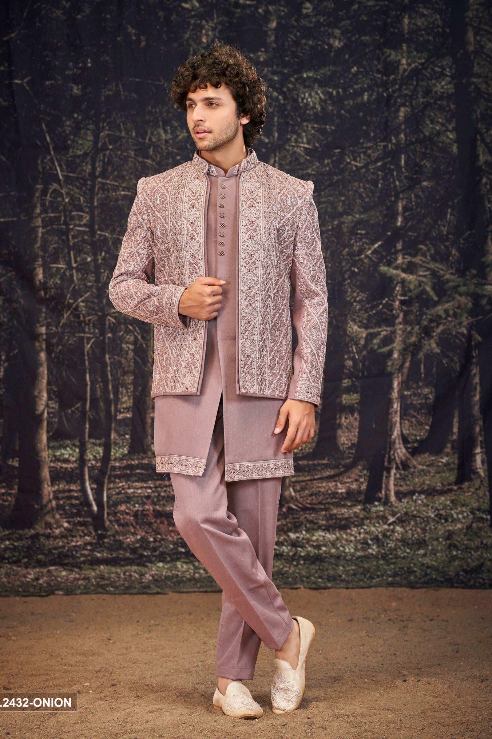 Designer Onion Color Short Pattern Indowestern For Men
