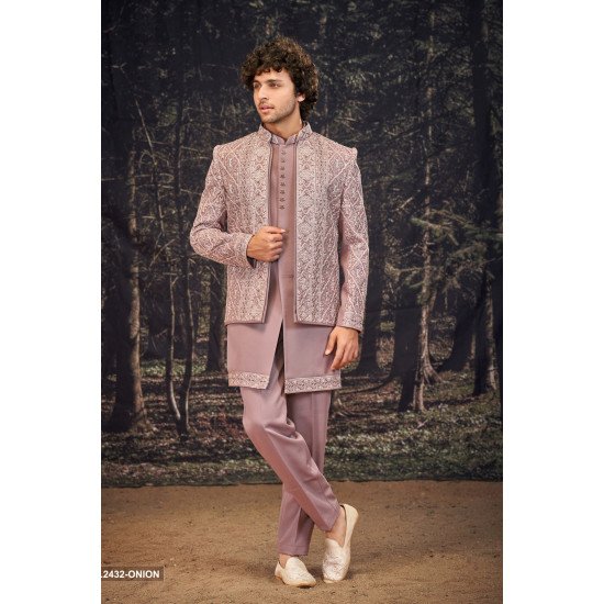 Designer Onion Color Short Pattern Indowestern For Men