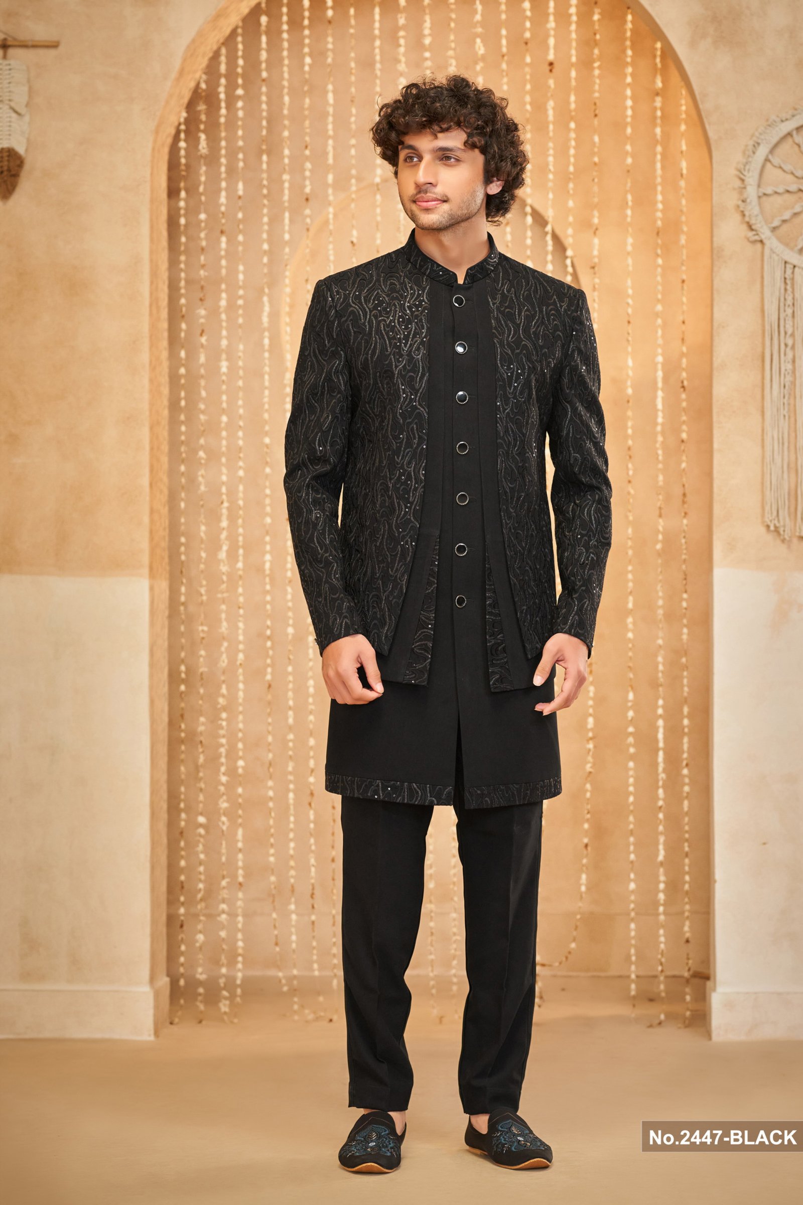 Designer Black Embroidery & Sequence Work Three Layer Indo Western For Groom