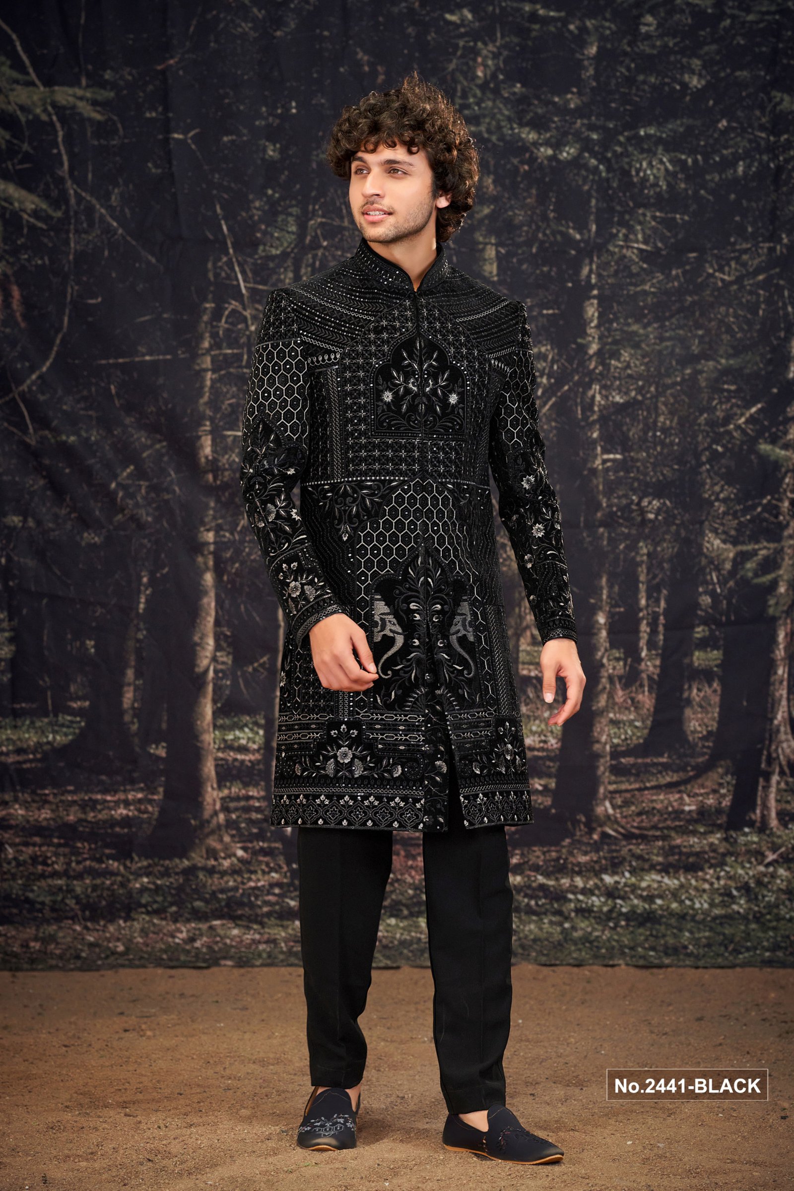Designer Black Achkan Pattern Indo Western For Groom
