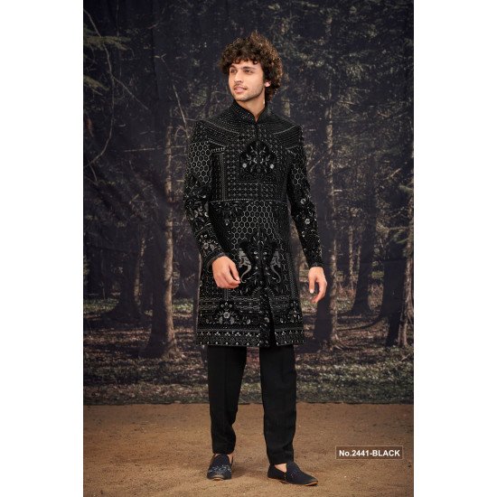 Designer Black Achkan Pattern Indo Western For Groom