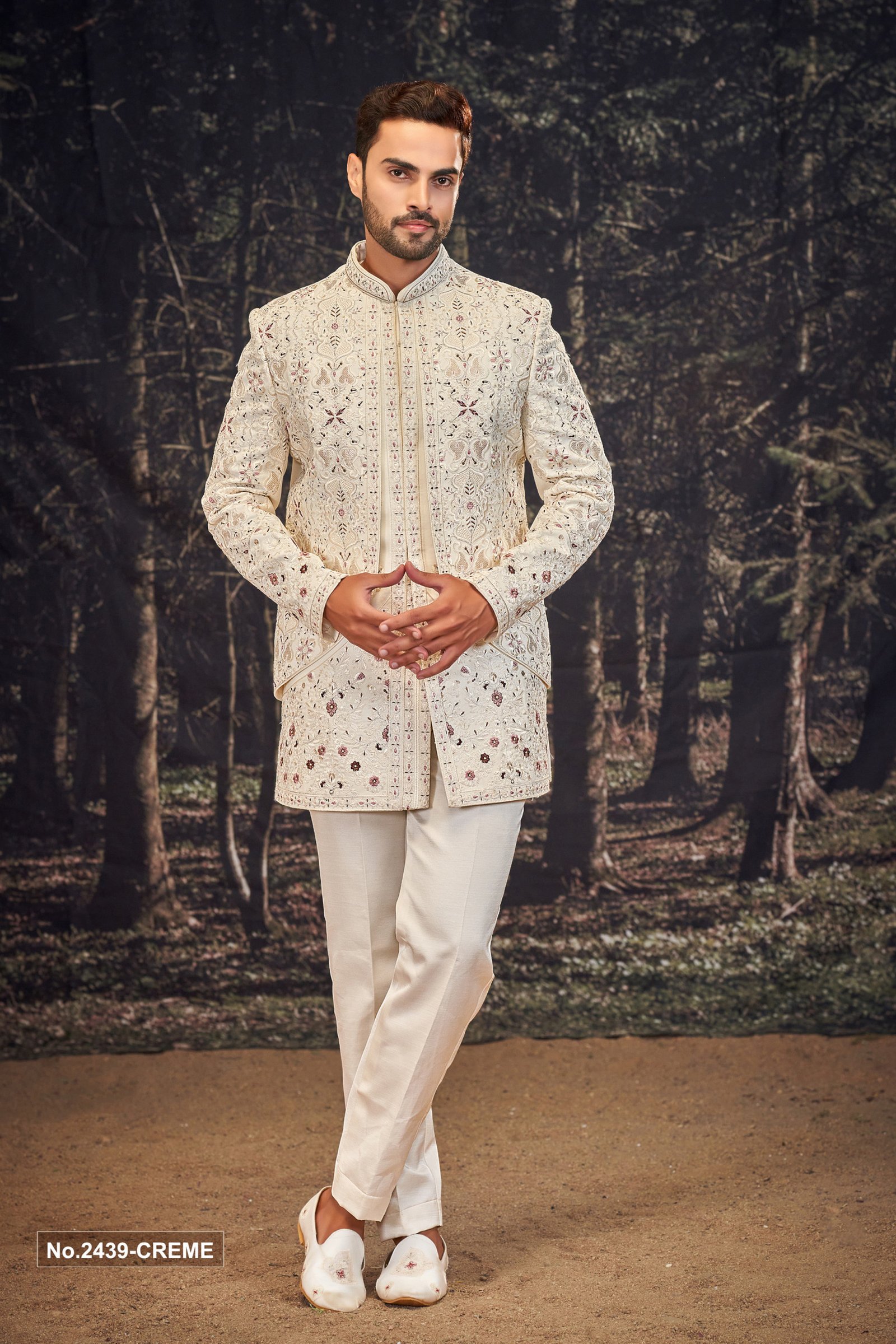 Designer Cream Colored Double Pattern Indowestern For Groom