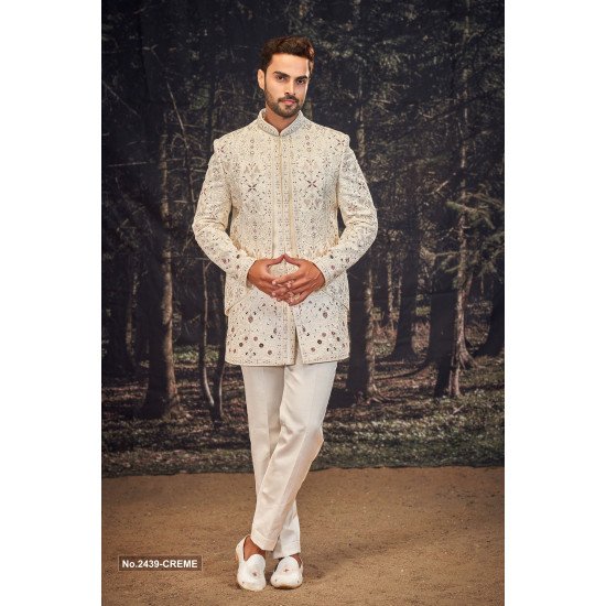 Designer Cream Colored Double Pattern Indowestern For Groom