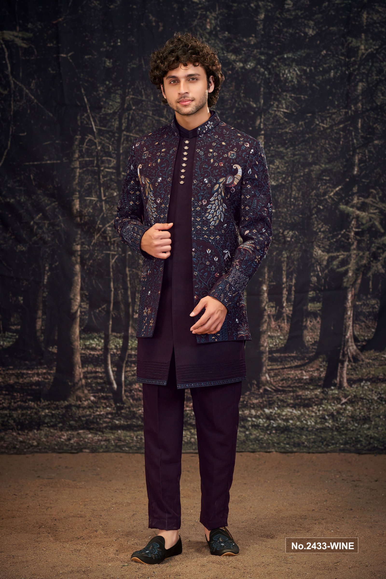 Designer Wine Short Pattern Wedding IndoWestern