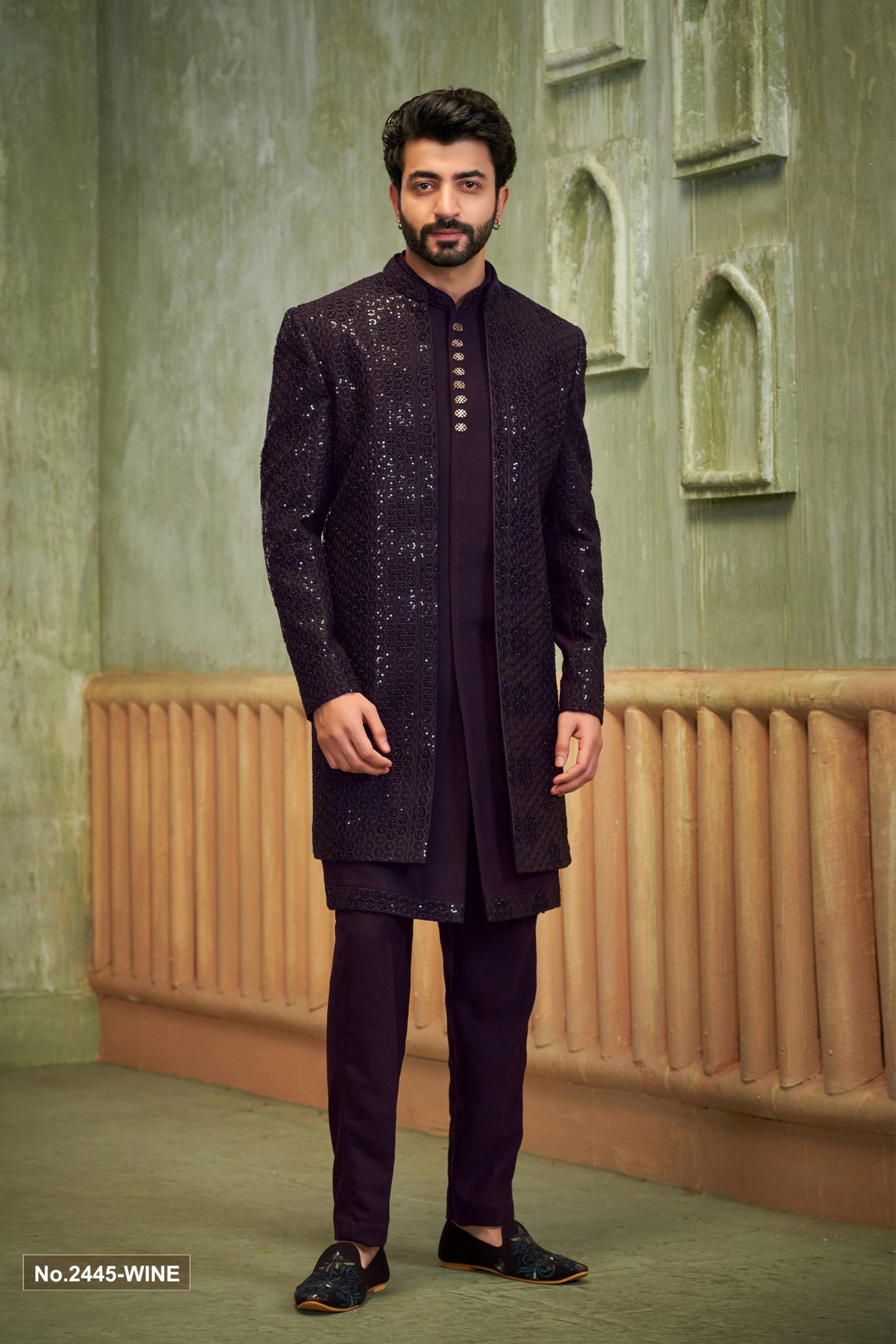 Designer Wine Stone Work Short Pattern Indo Western 