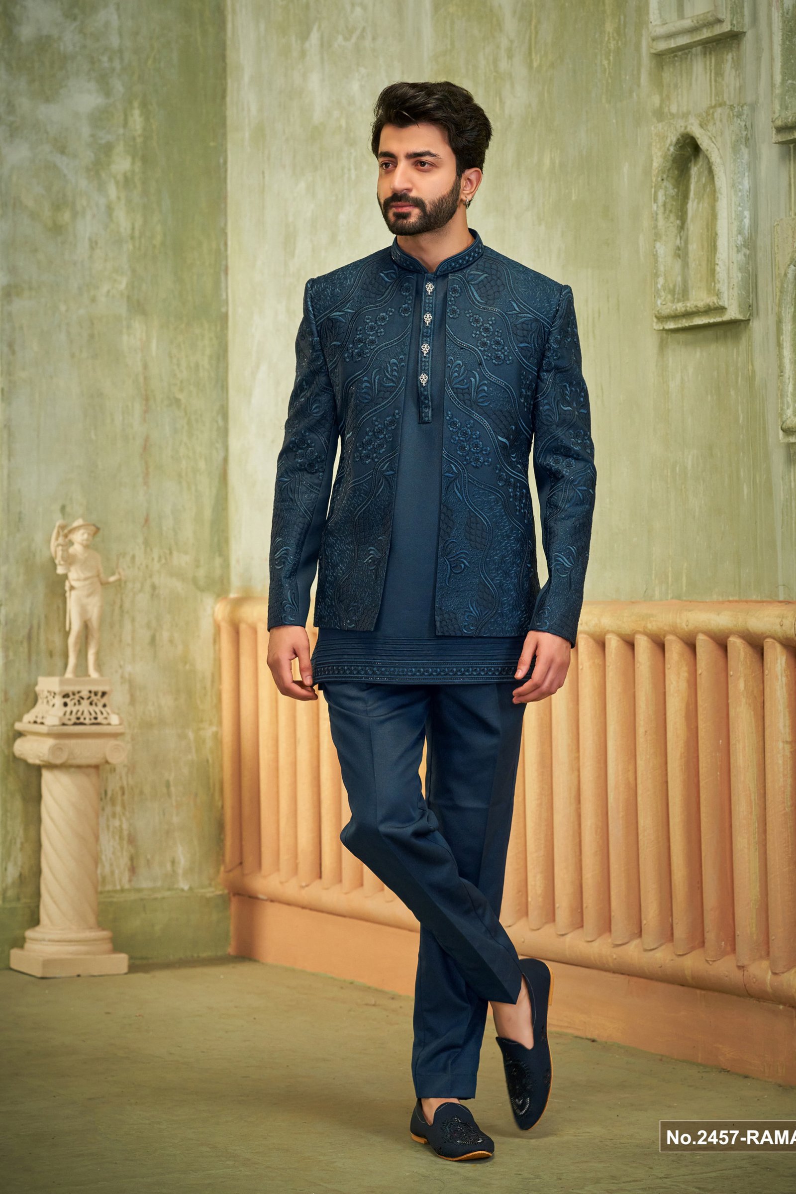 Designer Teal Blue Double Short Pattern Indo For Men