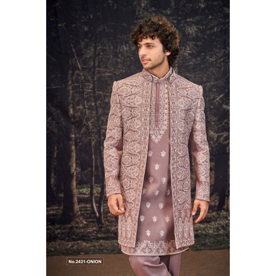 Designer Onion Color Short Pattern Embroidery Work Indowestern For Men