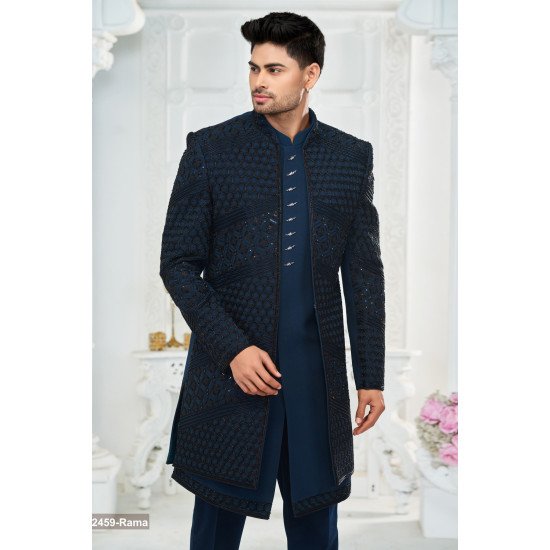 Designer Indigo Blue Handwork Double Pattern Indo For Men