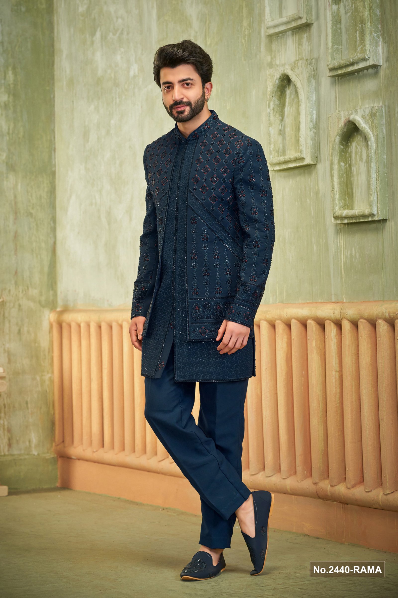 Designer Teal Blue Handwork Double Pattern Indo For Men