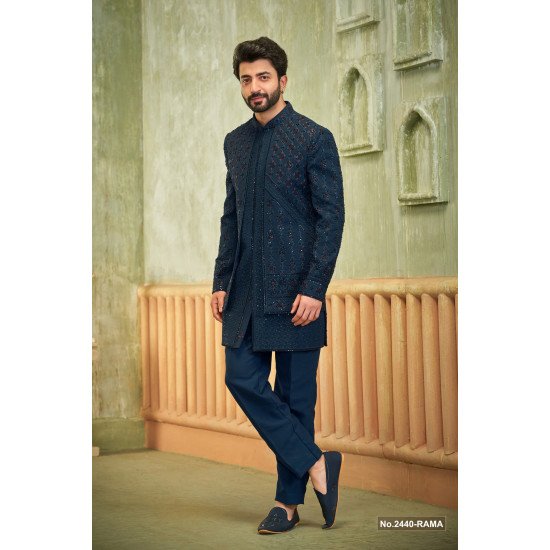 Designer Teal Blue Handwork Double Pattern Indo For Men