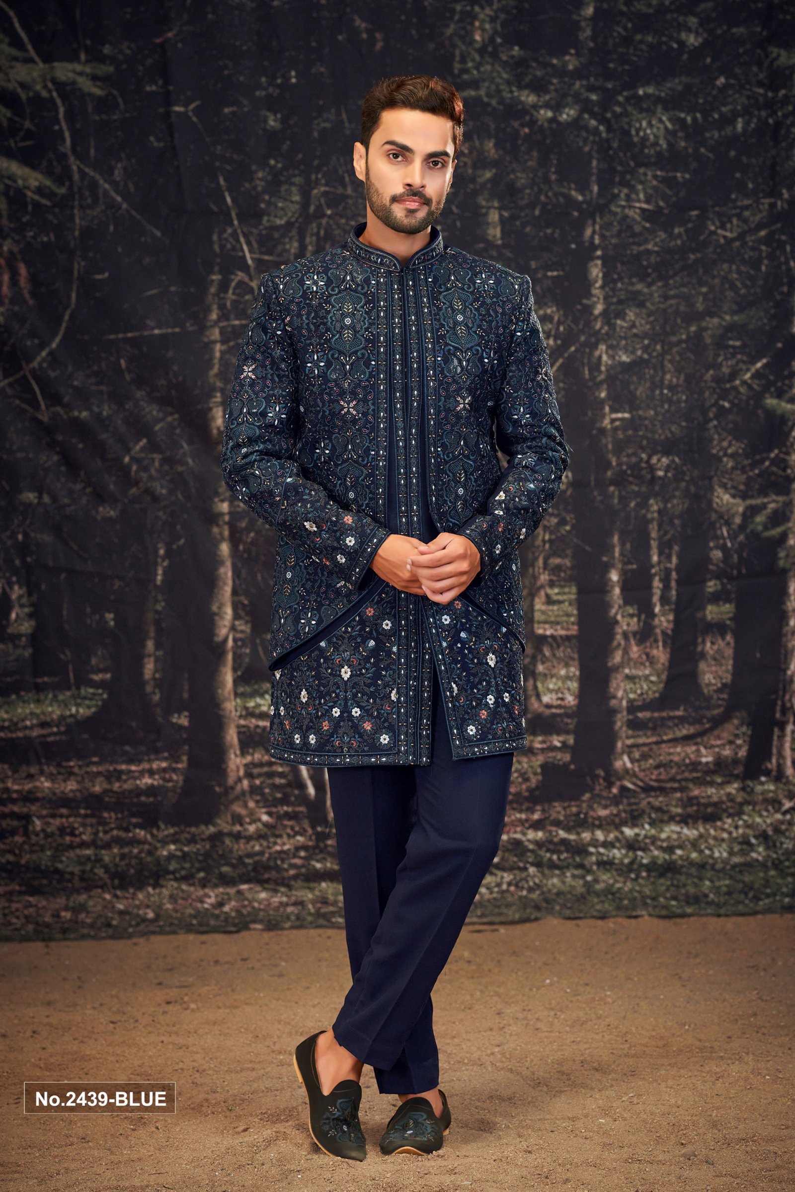 Designer Navy Blue Embroidery Work Short Pattern Indowestern