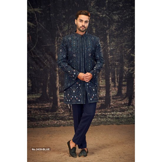 Designer Navy Blue Embroidery Work Short Pattern Indowestern