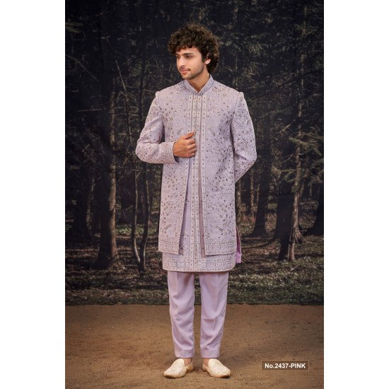 Designer Pink Double Pattern Indo Western For Groom