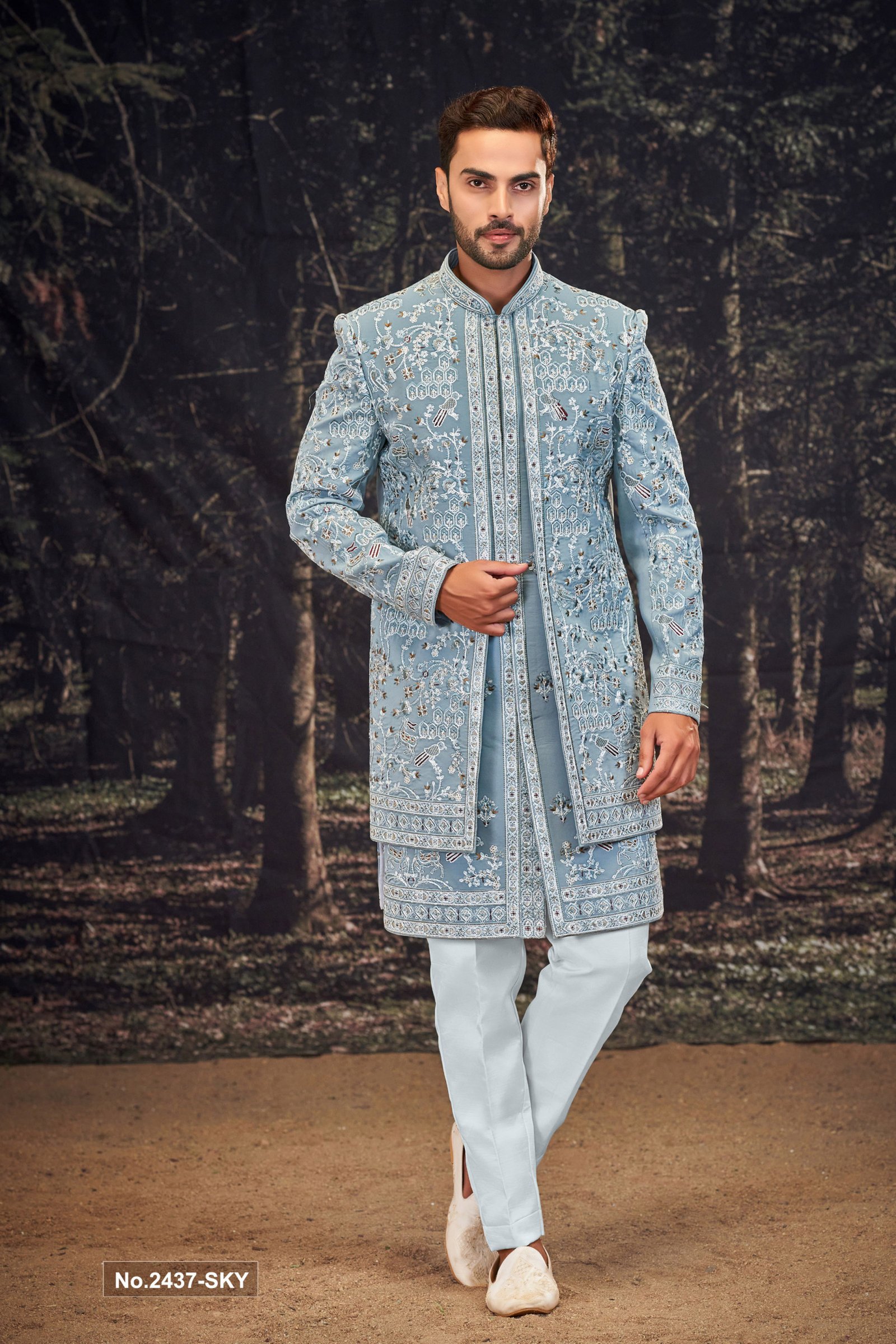 Designer Sky Blue Embroidery Work Double Pattern Indowestern For Groom