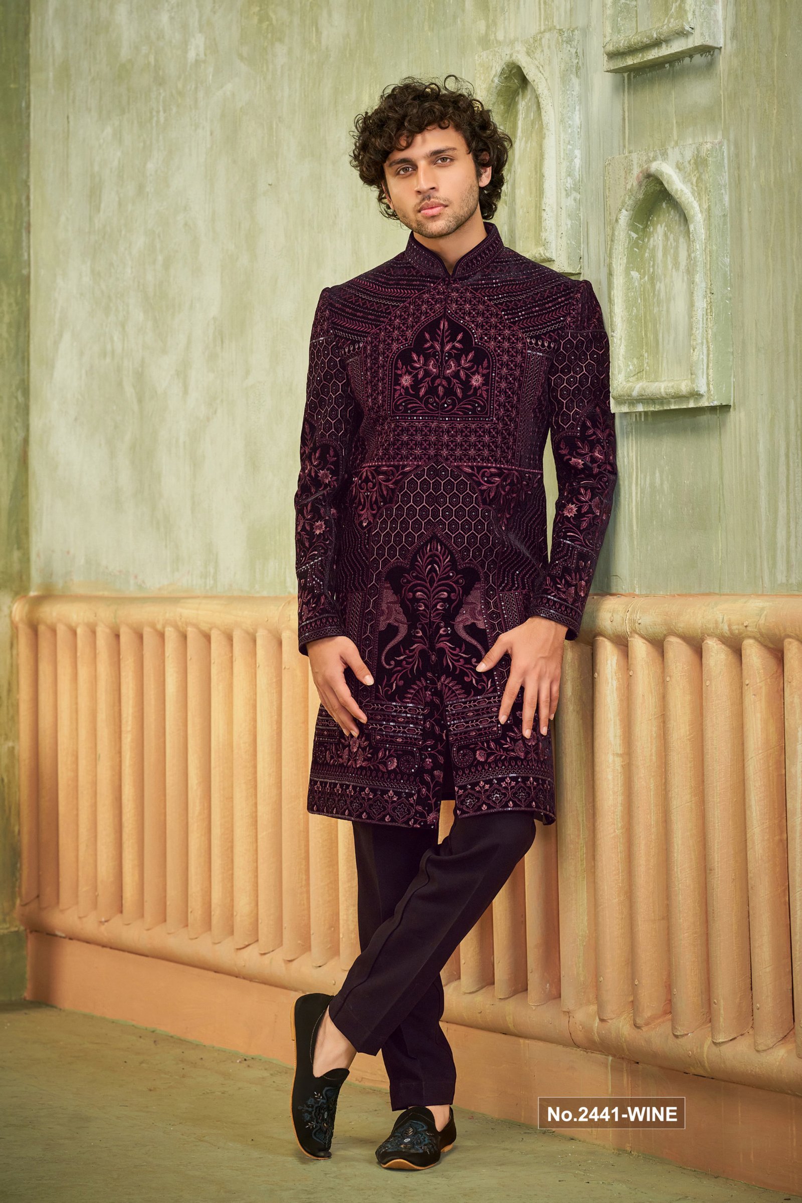 Designer Black Achkan Pattern Indo Western For Groom