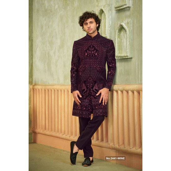 Designer Black Achkan Pattern Indo Western For Groom
