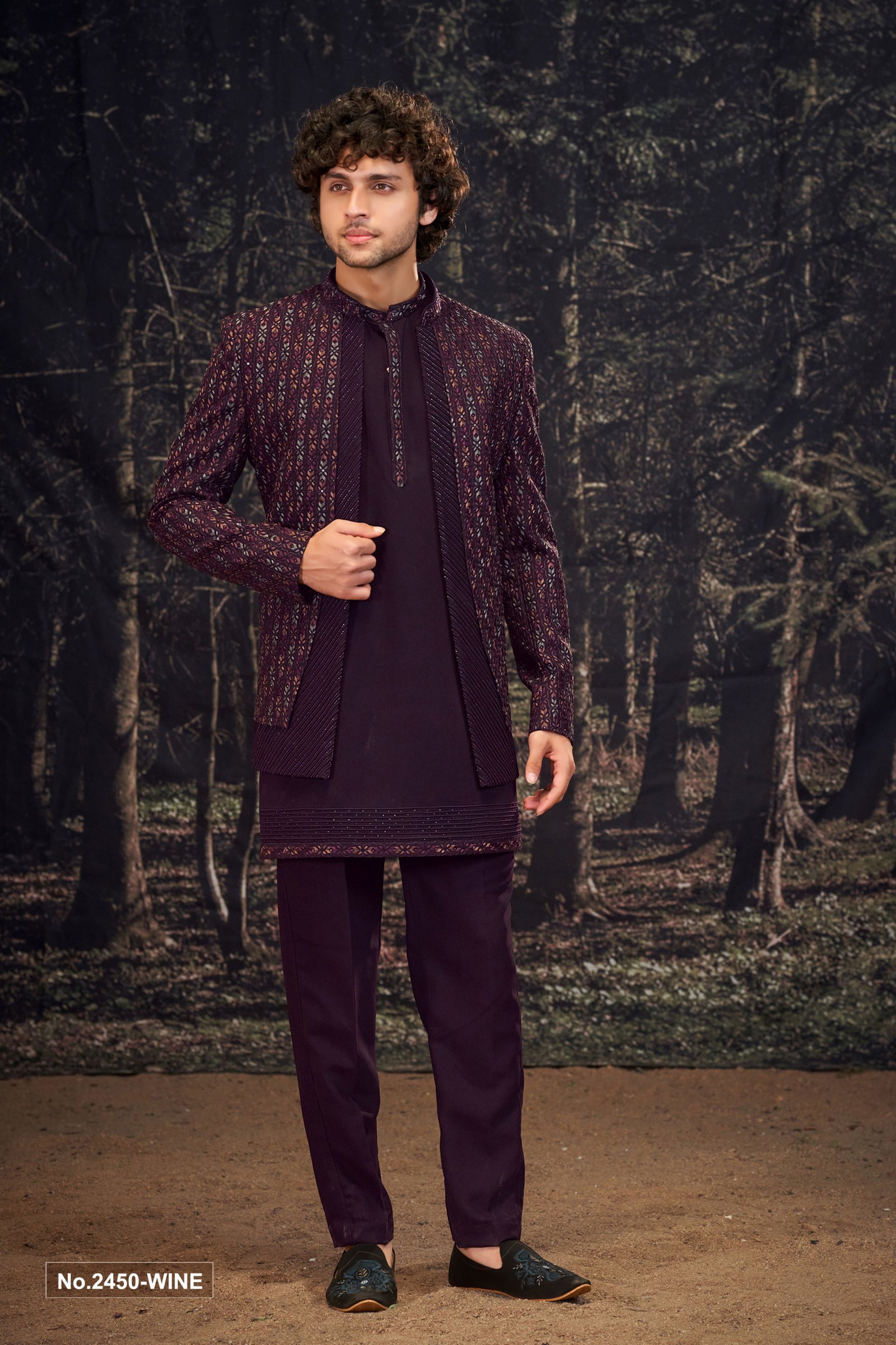 Designer Wine Embroidery Handwork Three Layered Indo For Groom