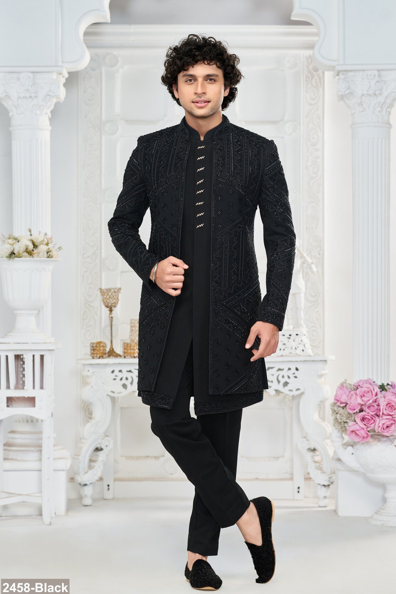 Designer Black Handwork Short Pattern Indo For Groom