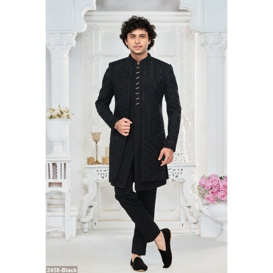 Designer Black Handwork Short Pattern Indo For Groom