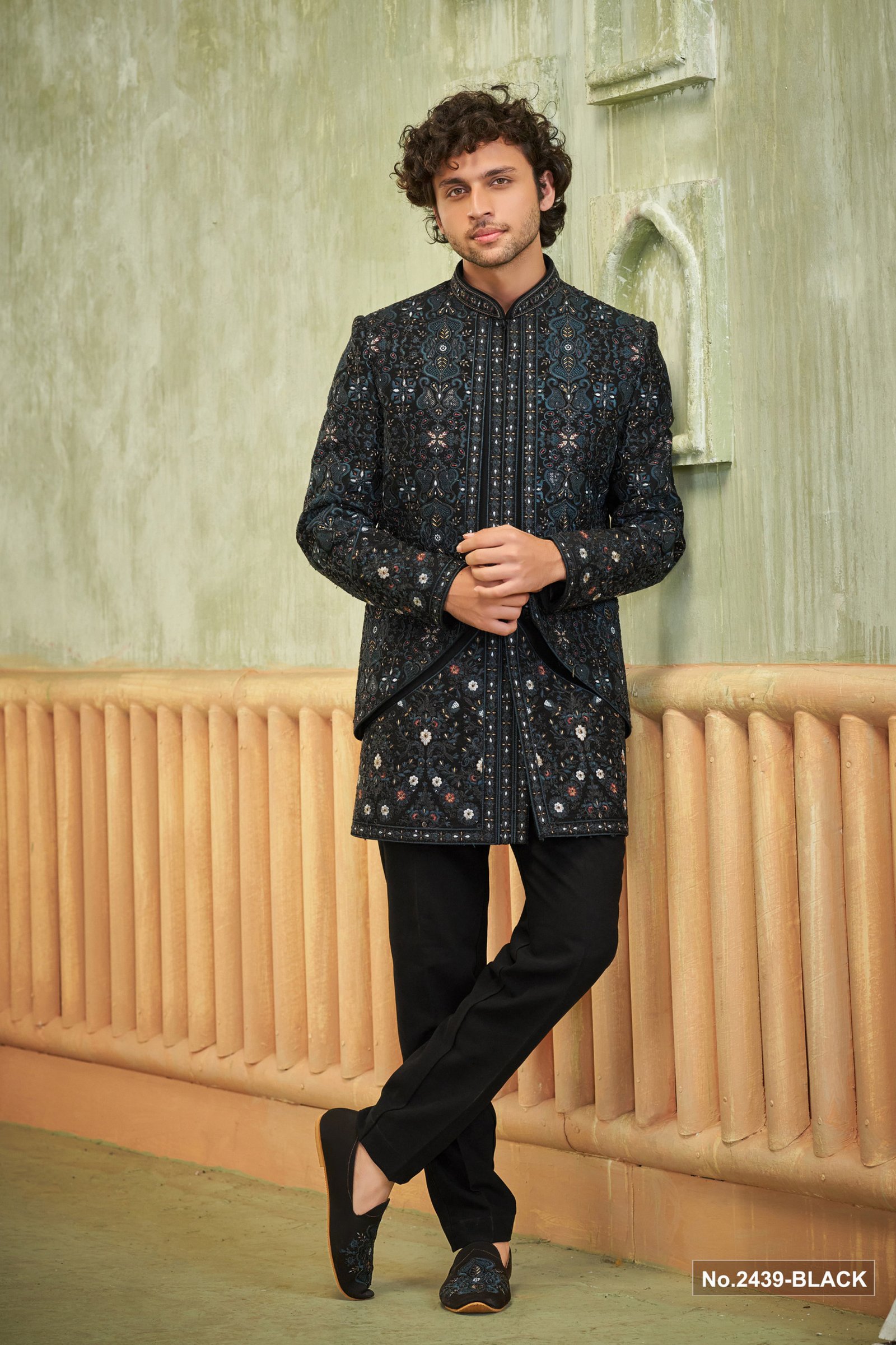Designer Black Embroidered Work Short Pattern Indowestern