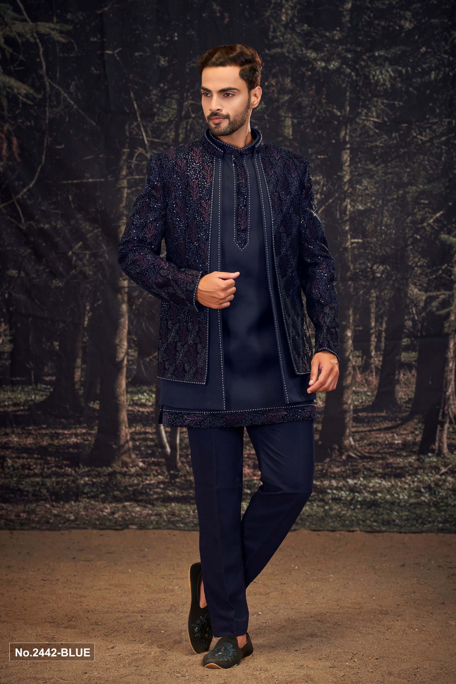 Designer Navy Blue Three Layer Short Pattern Indo