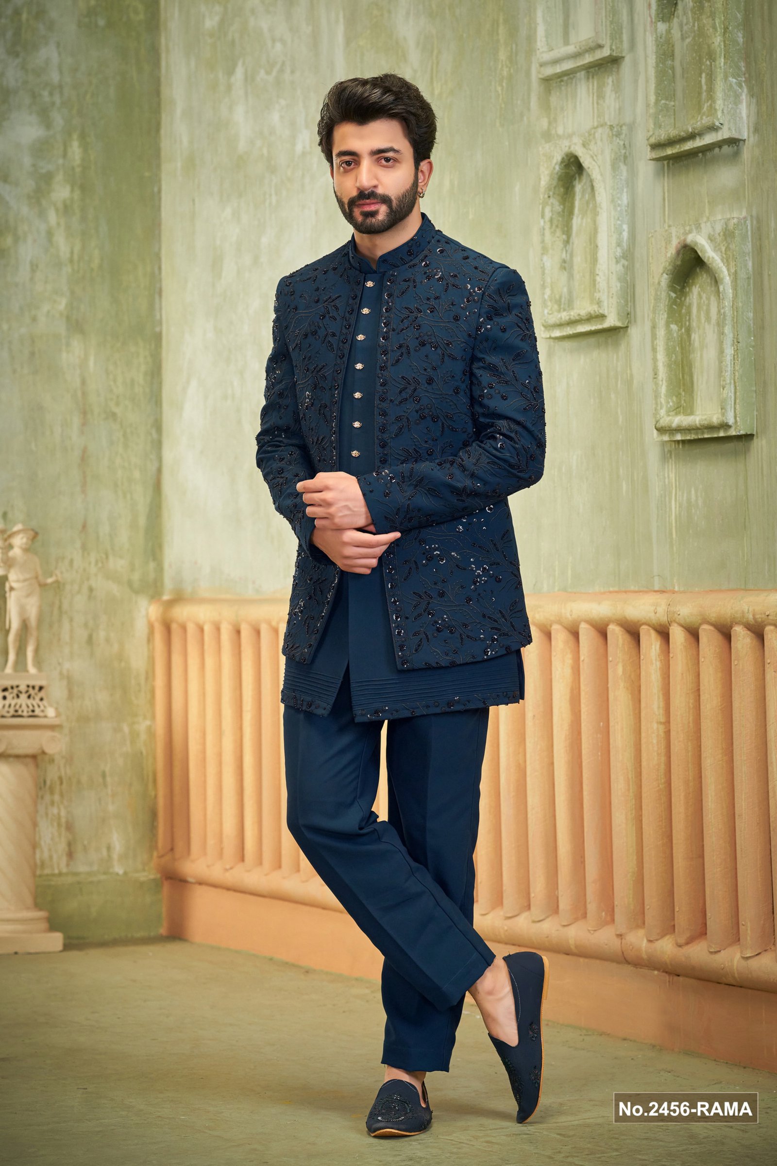 Designer Rama Blue Handwork Indowestern For Groom