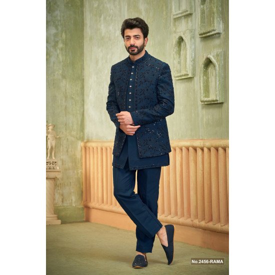 Designer Rama Blue Handwork Indowestern For Groom