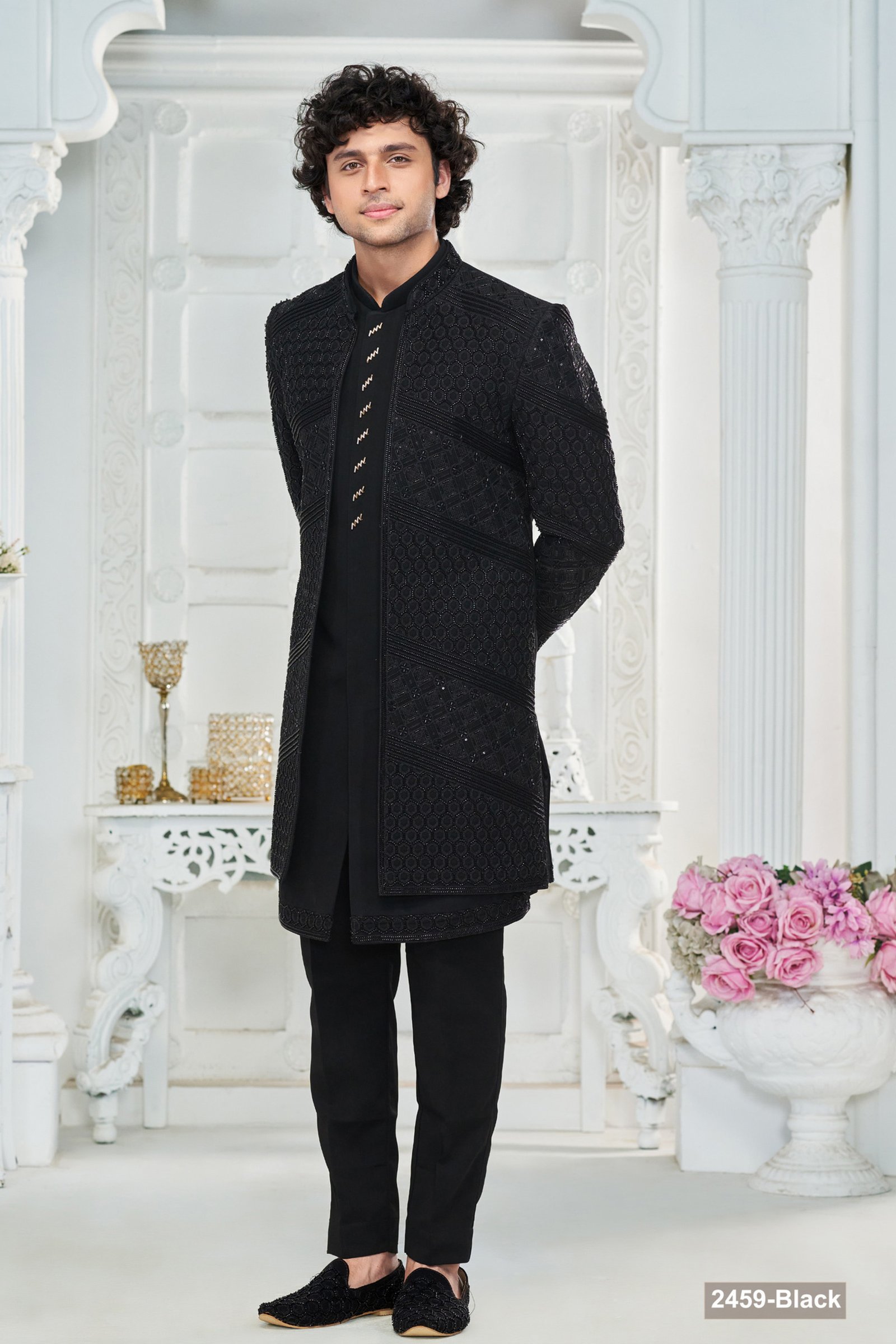 Designer Black Double Pattern Handwork Indo-western For Groom