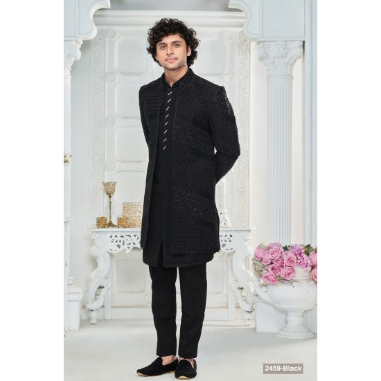 Designer Black Double Pattern Handwork Indo-western For Groom