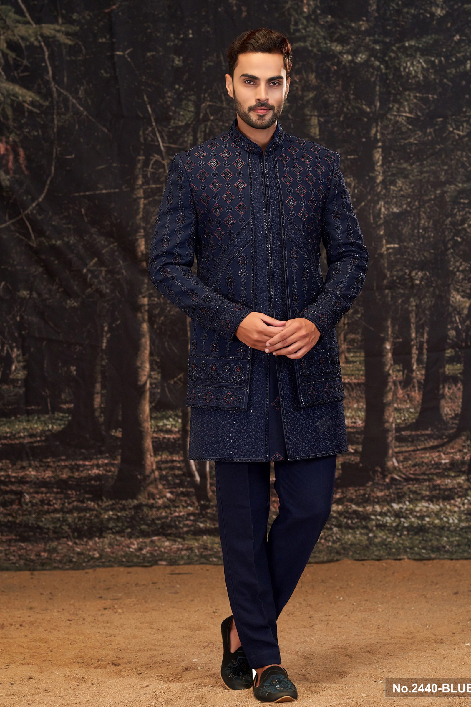Designer Navy Blue Short Pattern Handwork Groom Indowestern