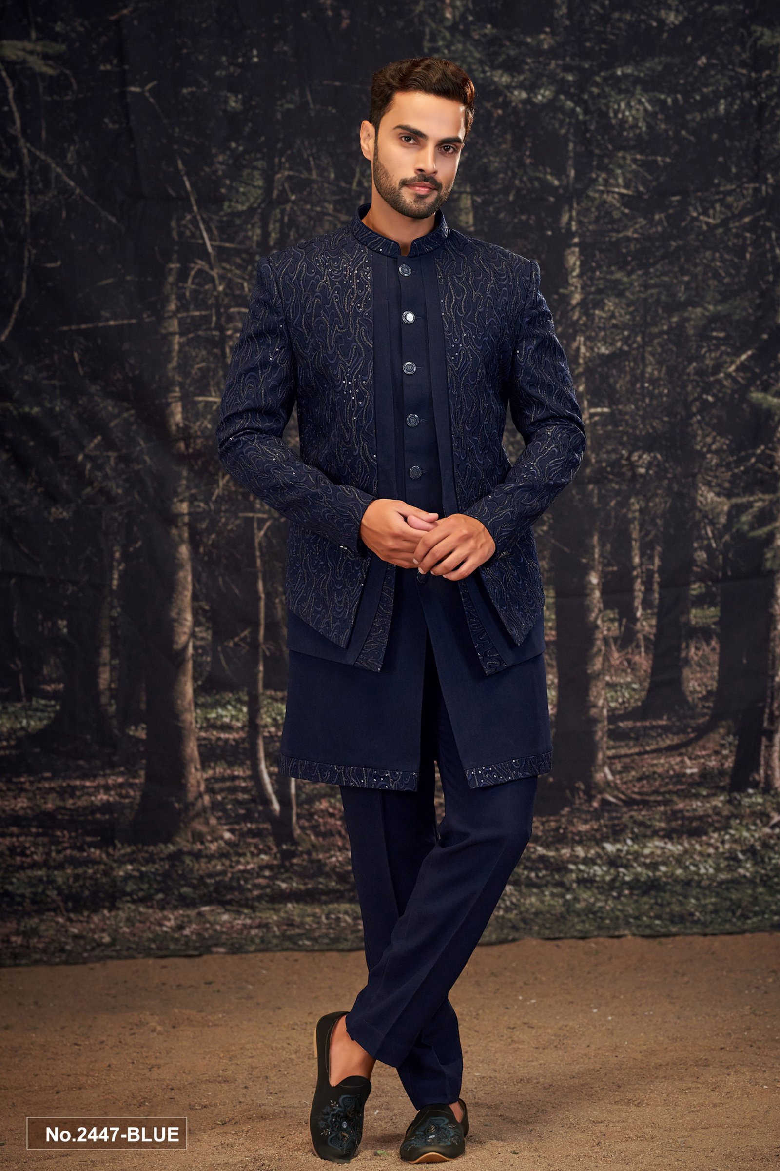 Designer Navy Blue Sequence & Emobroidery Work Three Layer Indowestern