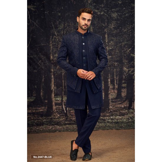 Designer Navy Blue Sequence & Emobroidery Work Three Layer Indowestern