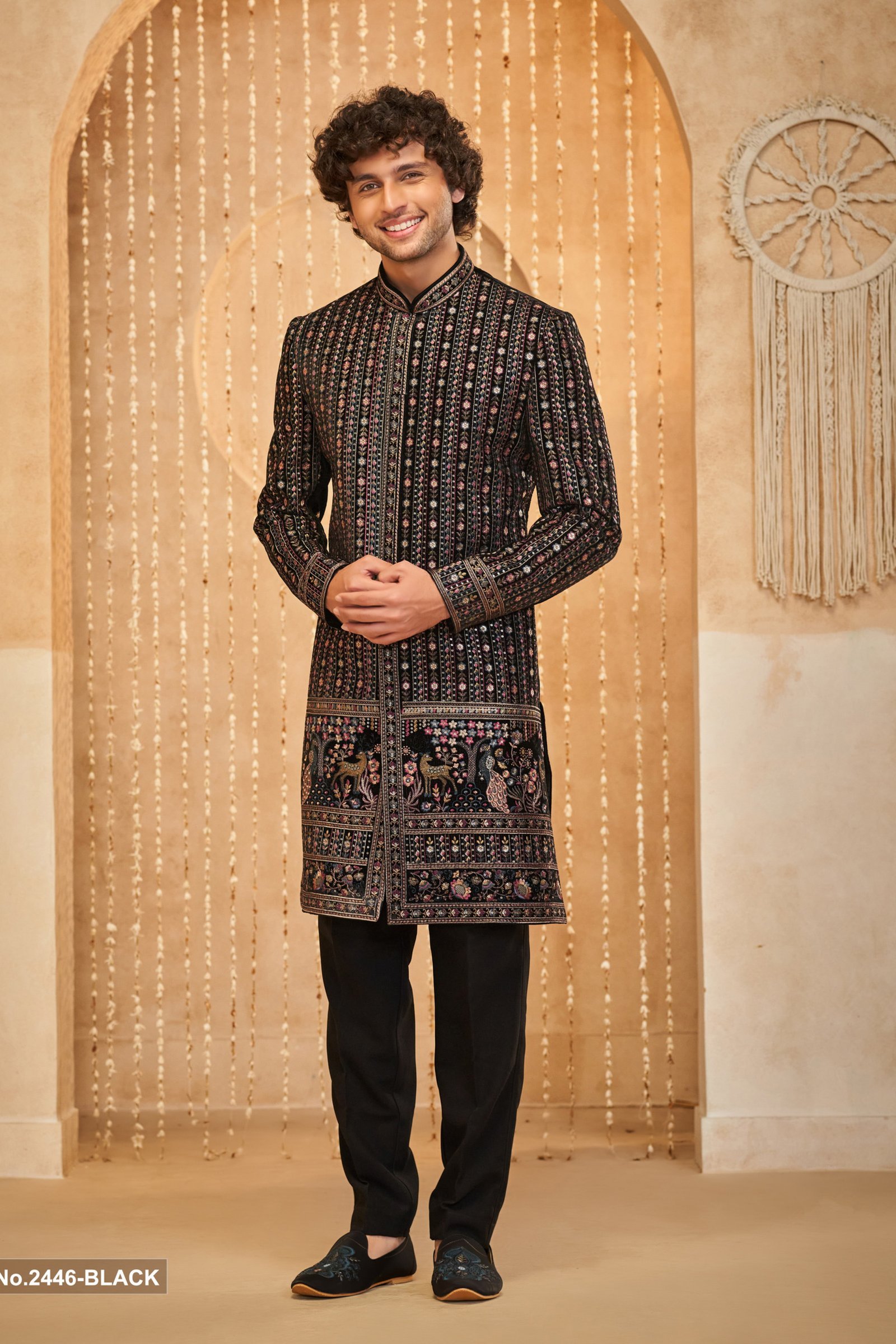 Designer Black Multicolor Embroidery Work Indowestern For Groom