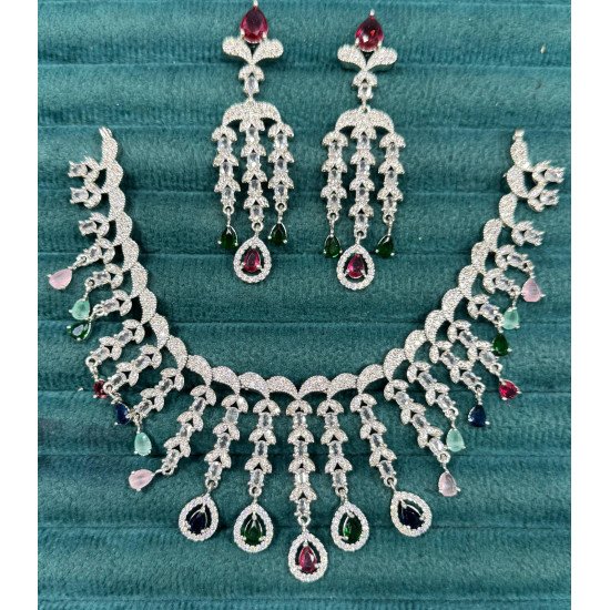 Bridal Diamond Look Necklace Set with Long Chandeliers Elegant Teardrop CZ Design for Weddings & Occasions