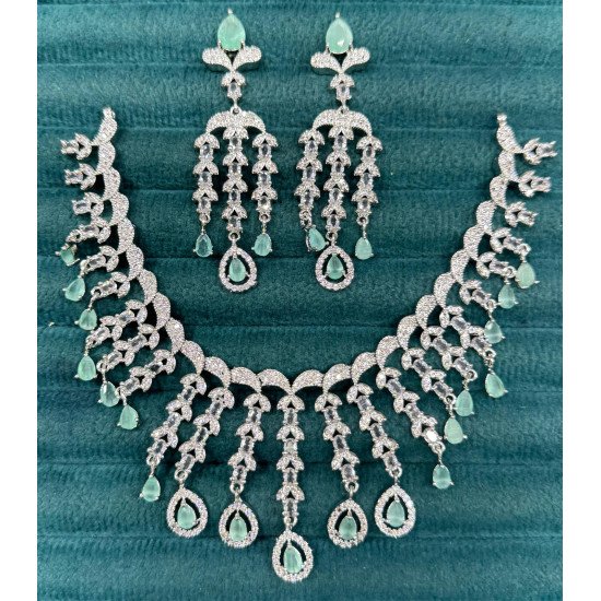 Designer American Diamond Necklace Set With Sea Green Stone