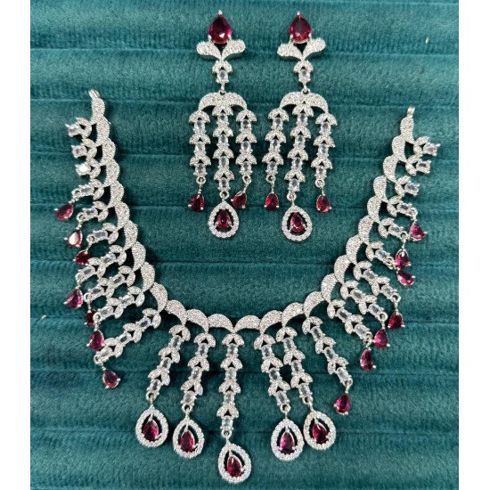 Designer American Diamond Necklace Set With Red Stone