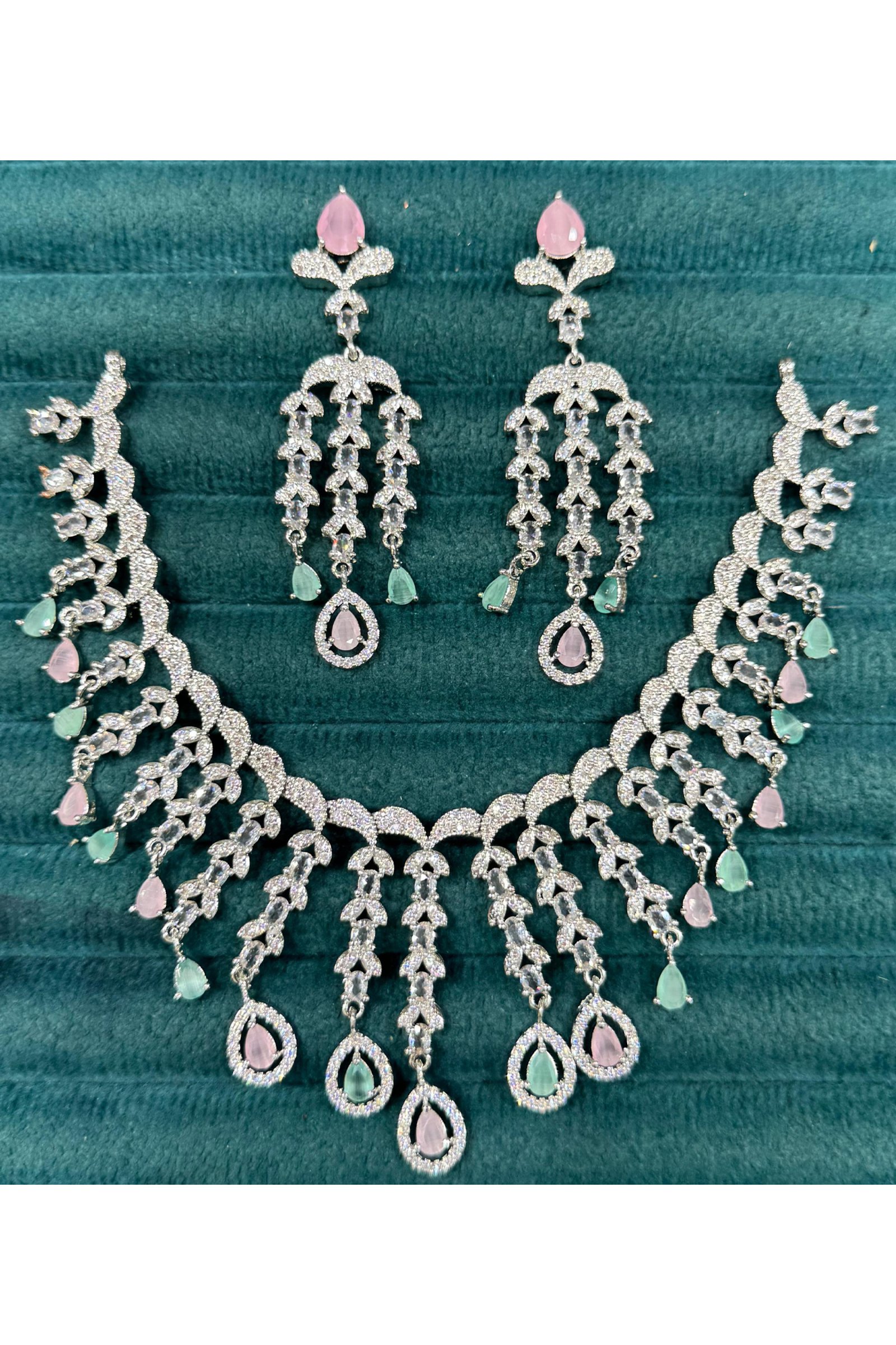 Wedding CZ Necklace Set with Dangling Earrings – Imitation Diamond Look