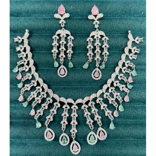 Wedding CZ Necklace Set with Dangling Earrings – Imitation Diamond Look