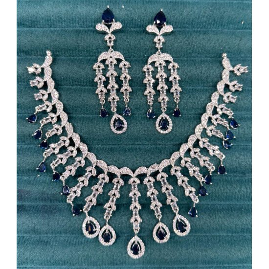Designer Navy Blue Touch CZ Necklace Set with Dangling Earrings – Imitation Diamond Look