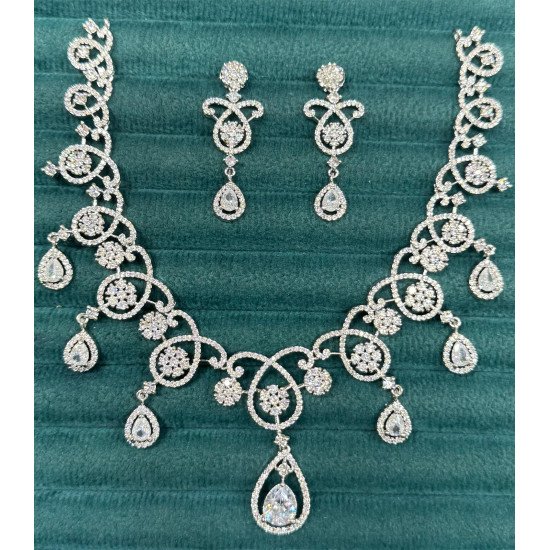 Floral Vine CZ Necklace Set with Teardrop Pendant & Earrings