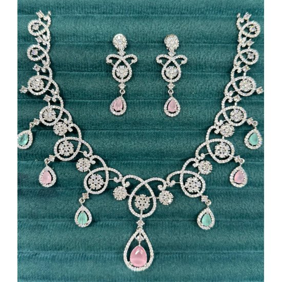 Designer Floral Vine CZ Necklace Set with Teardrop Pendant & Earrings