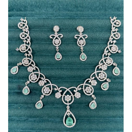Designer Mint Green Floral Vine CZ Necklace Set with Teardrop Pendant & Earrings