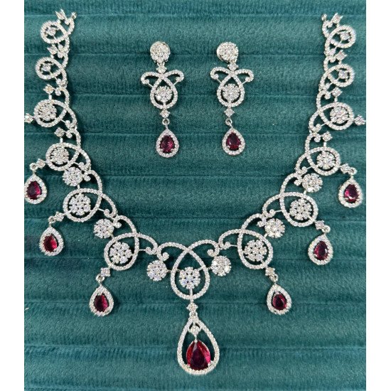 Designer Red Floral Vine CZ Necklace Set with Teardrop Pendant & Earrings
