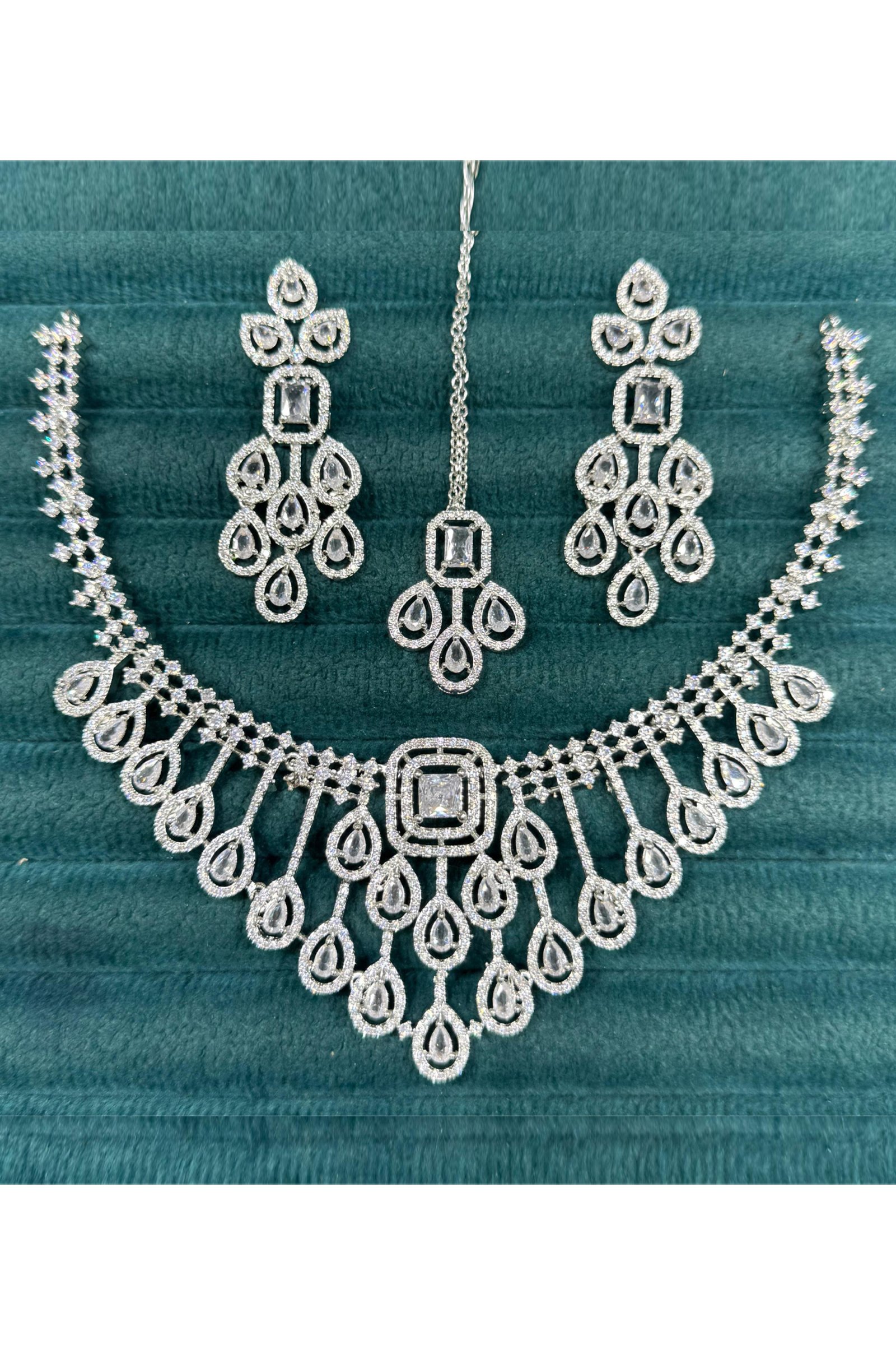 Wedding CZ Set with Square Centerpiece Layered Drops & Matching Tikka