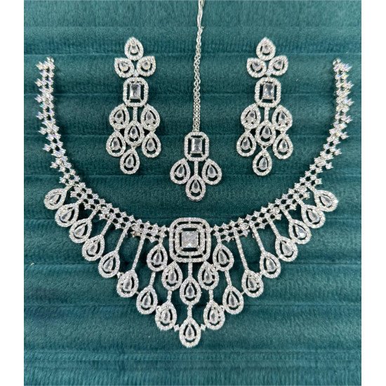 Wedding CZ Set with Square Centerpiece Layered Drops & Matching Tikka