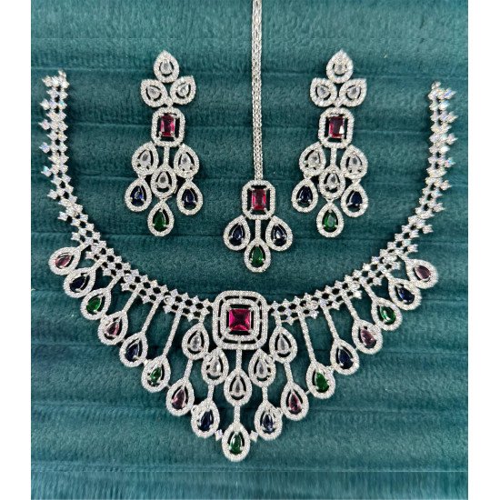 Multicolor Cubic Zirconia Bridal Necklace Set with Square Pendant Teardrops & Tikka