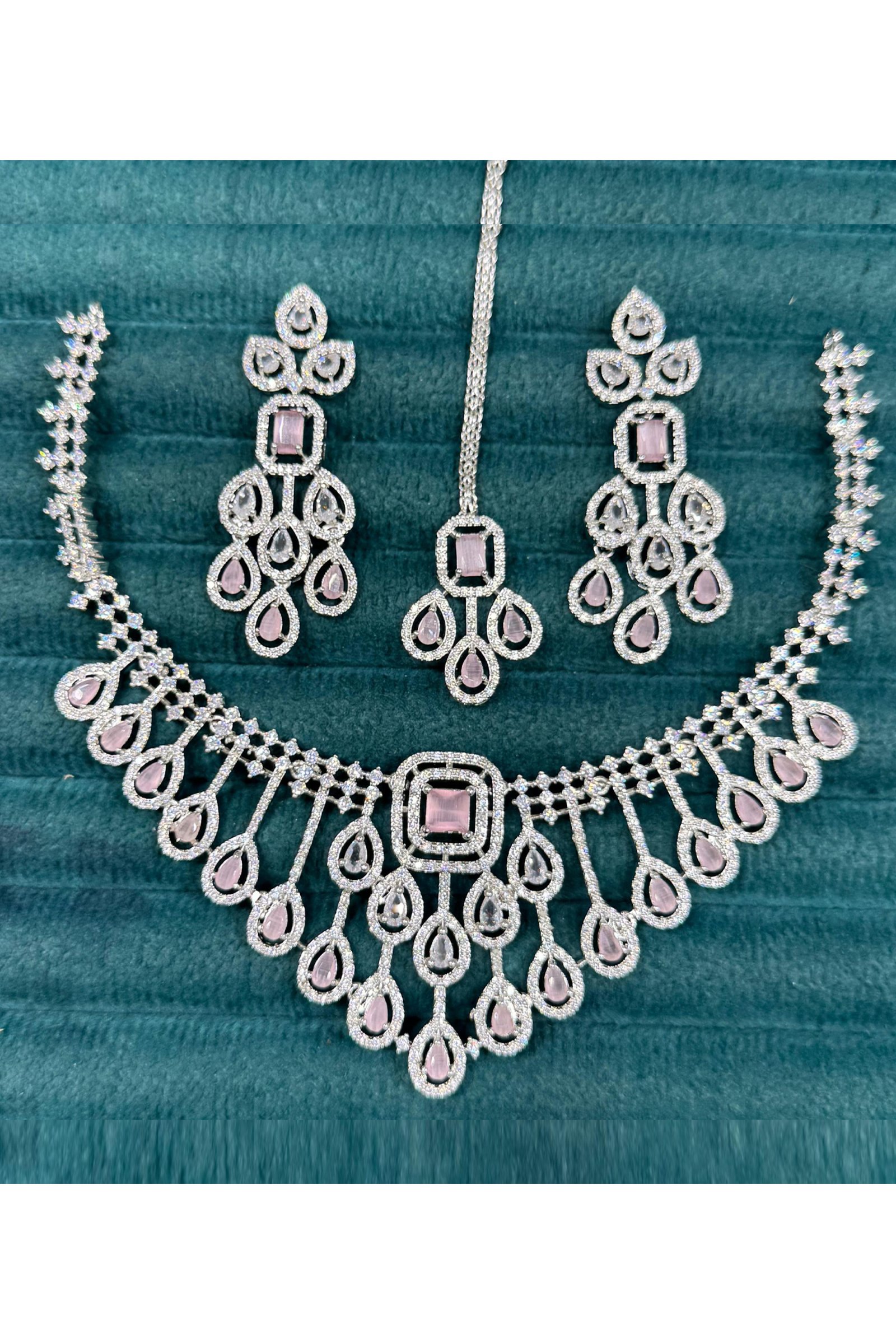 American Diamond Pink Bridal Jewelry Set with Square Center & Maang Tikka – Necklace + Earrings