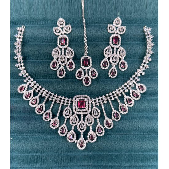 Majestic Diamond Look Red Stone Work Set with Central Square CZ Stone & Hanging Drops