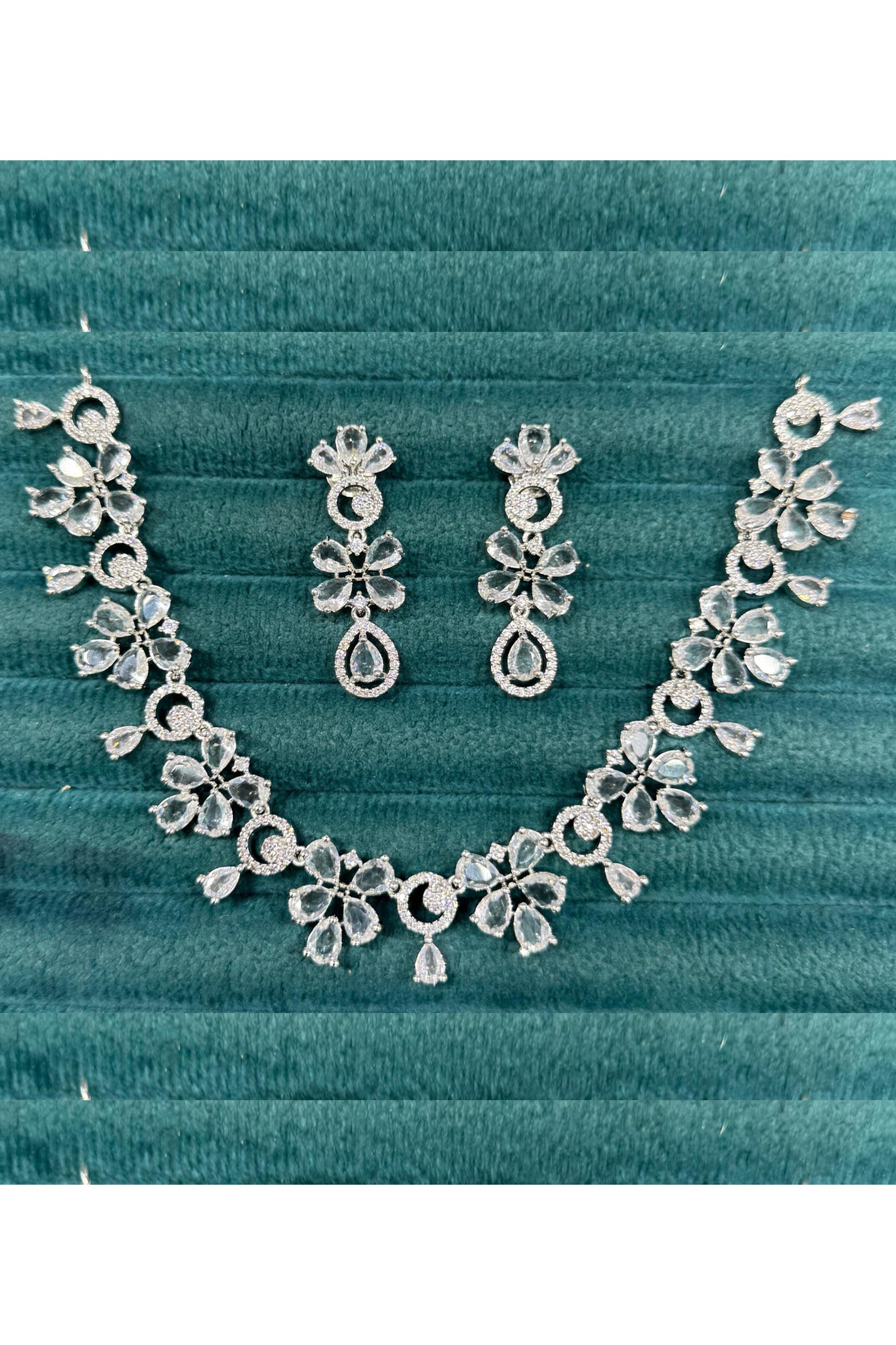 American Diamond Necklace Set with Floral CZ Petals – Bridal & Party Wear
